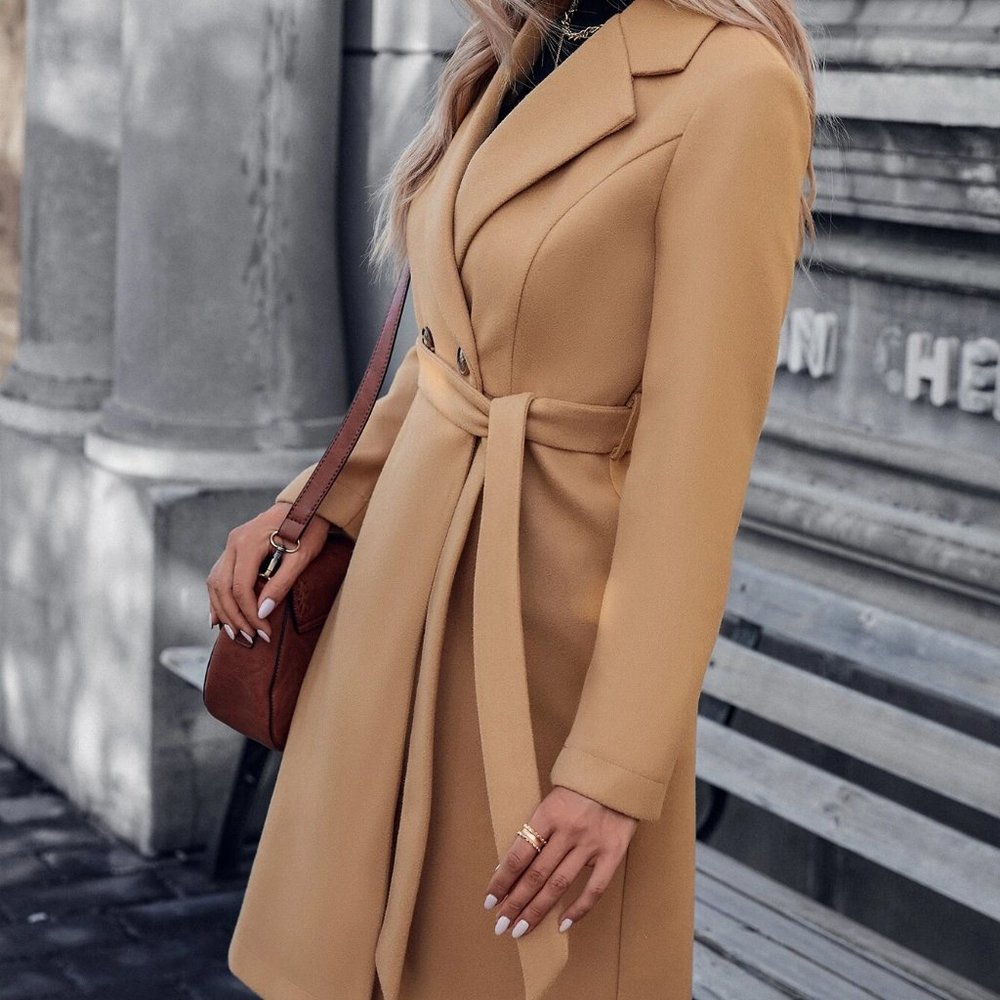 camel double button lapel neck belted coat - Picture 3 of 6